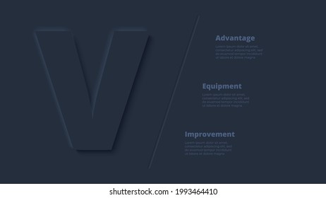 Infografía neumórfica oscura vectora. Plantilla de diapositiva de presentación. Concepto de infografía empresarial con letra V y lugar para el texto.