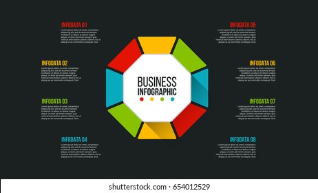 Vector dark octagon infographic. Template for cycle diagram, graph, presentation and chart. Business concept with 8 options, parts, steps or processes. Data visualization.