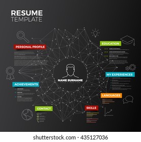 Vector dark original minimalist cv / resume template - creative version with colorful headings and icons