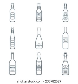 vector dark outline design alcohol bottles icons set on white