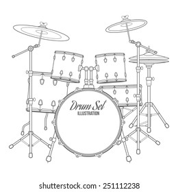 Vector Dark Outline Drum Set On White Background Bass Tom-tom Ride Cymbal Crash Hi-hat Snare Stands