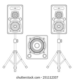 vector dark outline loudspeakers kit satellites on stands and subwoofer technical illustration