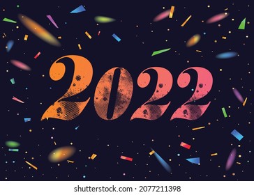 The Vector dark party template background with the number 2022 year and colorful festival rainbow confetti