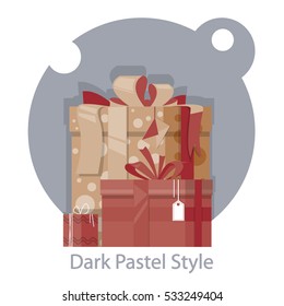Vector dark pastel style presents. Big medium and small size. Illustration on grey oval background.