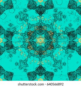 Vector dark pattern. Dark textured curls. Oriental style arabesques. Blue background with dark elements.