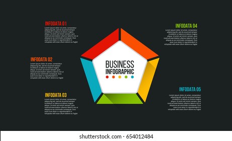 Vector dark pentagon infographic. Template for cycle diagram, graph, presentation and chart. Business concept with 5 options, parts, steps or processes. Data visualization.