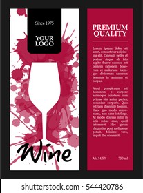 vector dark pink and white wine label with splash and glass