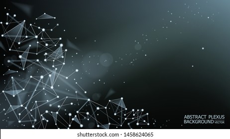 Vector. Dark polygonal plexus background. Abstract futuristic 3d image. Science and technology. Microbiology. Macro effect. Lines and points. Particle motion. Blur.