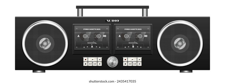 Vector dark portable vintage stereo tape recorder with two cassette decks and speakers in a modern design. Audio recording device. Retro music gadget. White isolated background.