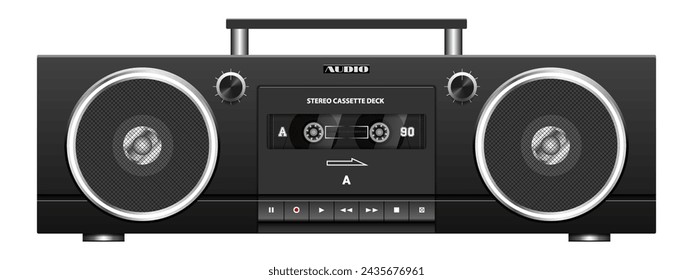 Vector dark portable vintage stereo tape recorder with cassette deck and speakers in a modern design. Audio recording device. Retro music gadget. White isolated background.