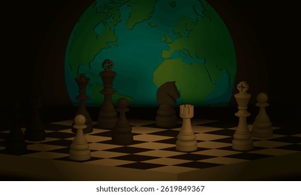 Vector dark poster. World chess game. 3d figures, chessboard and planet earth. Global economy and politics.