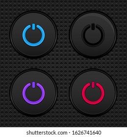 Vector dark power button with metallic background with different color versions.