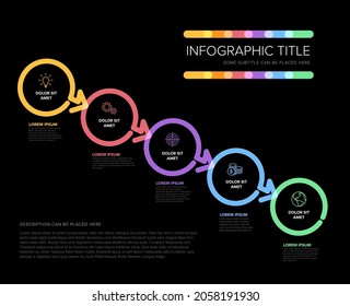 Vector dark process progress template diagram schema with five diagonal steps icons and descriptions. Vivid circles on black background with color border frames and minimalistic arrow