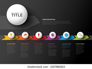 Vector dark progress steps template made from six light spheres with icons, descriptions and rainbow colorful arrows timeline in the dark gray background. Dark timeline with color icons