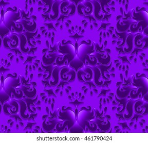 Vector dark purple damask seamless pattern element. Elegant luxury texture for wallpapers, backgrounds and page fill. 3D elements with shadows and highlights. Paper cut