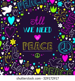 Vector dark purple love and peace theme background with neon doodles and quote about peace, cute hand drawn lettering