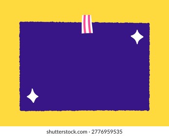 Vector dark purple paper note with pink striped tape and white sparkle decoration on yellow background. Blank memo frame for message, quote, reminder or announcement in flat design.