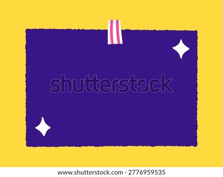 Vector dark purple paper note with pink striped tape and white sparkle decoration on yellow background. Blank memo frame for message, quote, reminder or announcement in flat design.