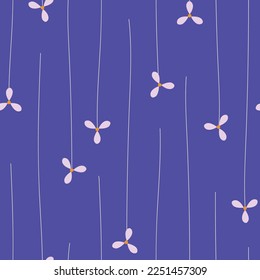 Vector dark purple Propeller Flowers seamless pattern. Simple three-leaved flowers dangling in front of a dark purple background. Part of Perfect Pyjamas collection.