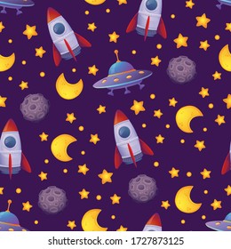 Vector dark purple seamless pattern with cute cartoon rockets, UFO, moon and stars. Astronomy concept background for kids. Abstract textile texture.