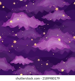 Vector dark purple seamless pattern with gold foil constellations, stars and clouds. Magical and spectacle sky watercolor background