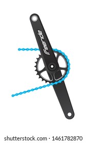 Vector dark realistic bicycle crank with blue chain and logo Freeride. Isolated on white background.