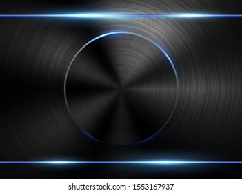 Vector dark realistic textured polished metal backgrund. Blue neon light tech industrial design. Black brushed plate