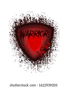 Vector dark red and black grunge silhouette shield warrior in drips and splashes of blood isolated on white background.Print illustration design for t shirt.Logo template for fight sport club.