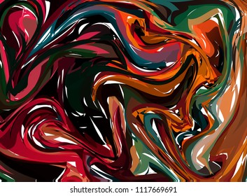 Vector Dark Red and Green Hand drawn artwork on water marble texture. Liquid paint pattern. Abstract colorful background in ebru suminagashi technique.