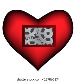 Vector dark red heart with mechanical cogwheels gear inside