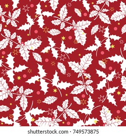 Vector dark red holly berry holiday seamless pattern background. Great for winter themed packaging, giftwrap, gifts projects.