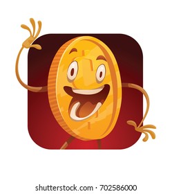 Vector dark red square frame with cartoon image of a funny golden coin with arms and legs standing, waving hand and smiling on a white background. Money, finance, business, currency, dollar.