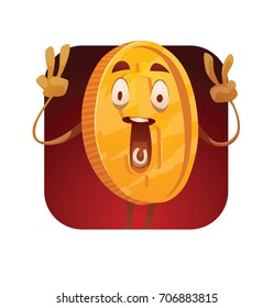Vector dark red square frame with cartoon image of a funny golden coin with arms and legs showing signs of victory and smiling on a white background. Money, finance, business, currency, dollar.