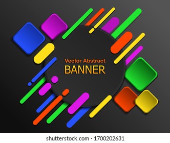 Vector dark round banner with geometric color pseudo 3D elements on a dark background. EPS10.