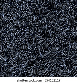 Vector dark seamless abstract pattern with waves and curls