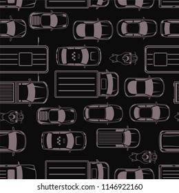 Vector dark seamless background with cars and trucks. View from above