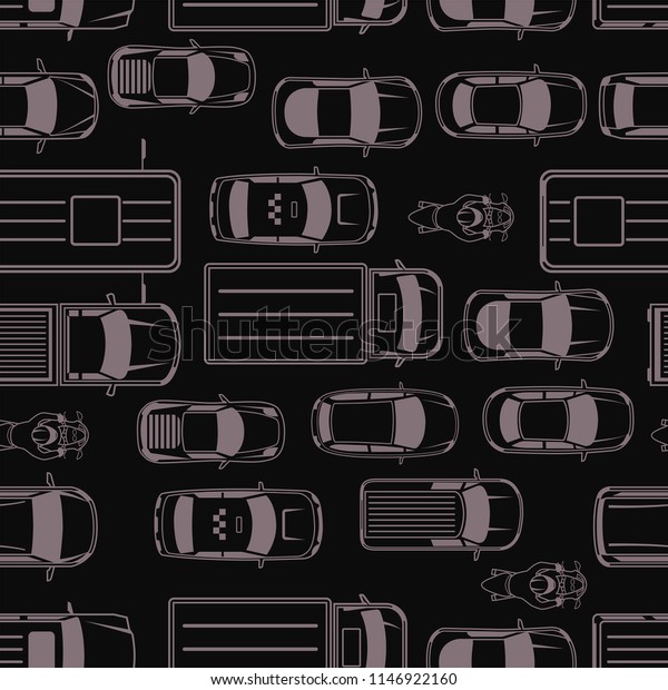 Vector dark seamless background with cars and\
trucks. View from above