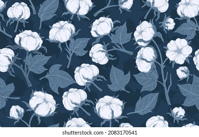 Vector, dark, seamless pattern of cotton flowers. Branches made of soft cotton with leaves are suitable for fabric, textiles, clothing, web pages, wallpapers, backgrounds