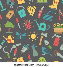 Vector dark seamless pattern of garden tools and accessories