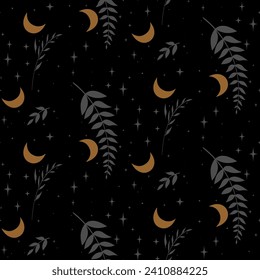 Vector dark seamless pattern with moon plants and stars