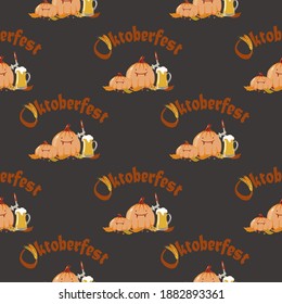 Vector dark seamless pattern of oktoberfest  lettering, pumpkins and beer mugs