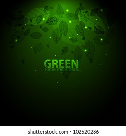 Vector dark shiny background with green leaves and glowing elements