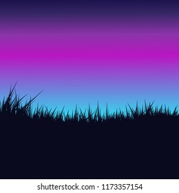 Vector dark silhouette field of grass on beautiful gradient sky background 