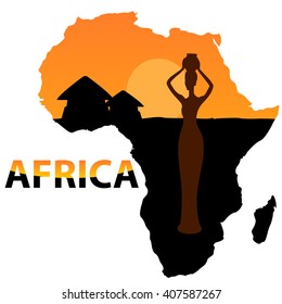 vector of dark silhouette of a woman and a hut on a map of Africa, orange with black earth with the inscription of Africa in black and orange tones