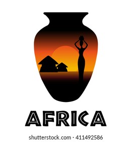 vector of dark silhouette of a woman and the hut at sunset on an orange background with a black ground with the words Africa in black colors