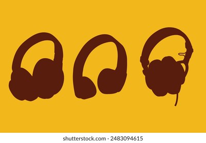 Vector siluetas oscuras de auriculares sobre un fondo amarillo brillante. Estética técnica y diseño moderno. El estilo isométrico del plano proporciona volumen a la Imagen, creando un efecto visual único