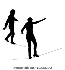 Vector dark silhouettes of two girls in full growth going balancing on a rope isolated on white background side view and a back view Rope walker