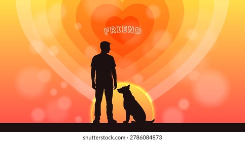 Vector dark silhouettes of young standing man and sitting dog. Bright, glowing sun on horizon. Sunset or sunrise. Morning or evening nature. Red heart, white inscription, friend. Sky, effect bokeh
