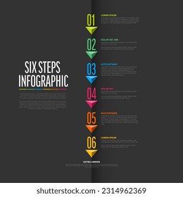 Vector dark six steps progress vertical template with big triangle pyramid arrows and numbers, descriptions. Dark version with big step numbers on folded paper