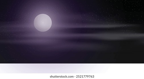 Vector de un cielo oscuro con una luna nublada, con suaves nubes que cubren parcialmente la luna brillante. Ideal para diseños de temática nocturna, ilustraciones espeluznantes o imágenes atmosféricas.